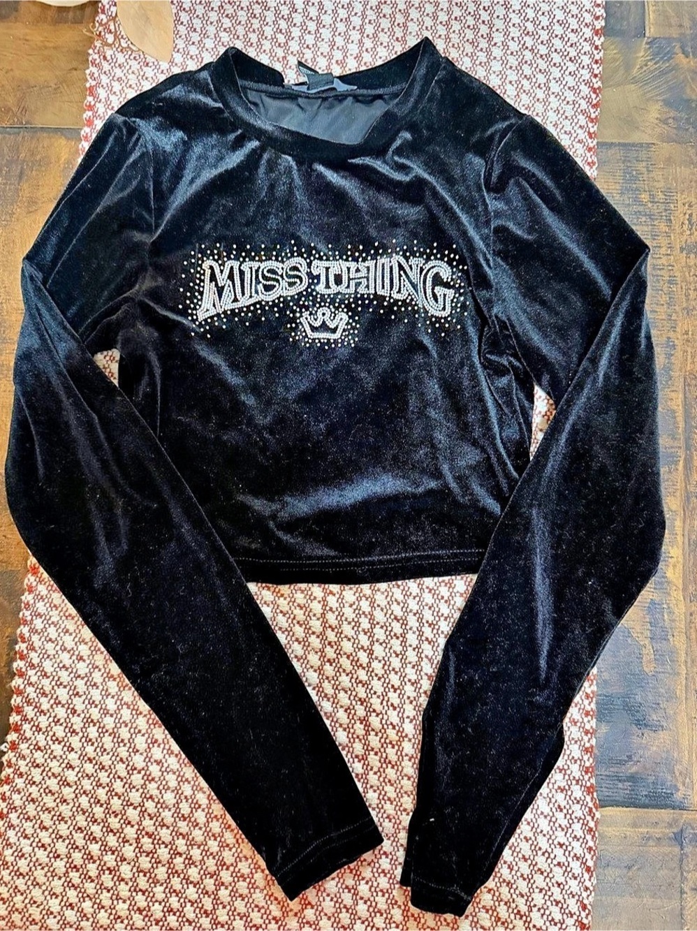 Forever 21 Miss Thing Rhinestone Velour Crop Top Black